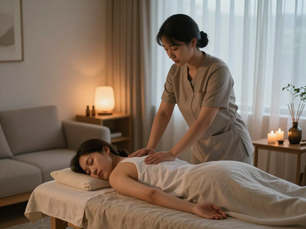 양천구출장마사지 service showcasing a peaceful home setting with a professional therapist and relaxed customer.