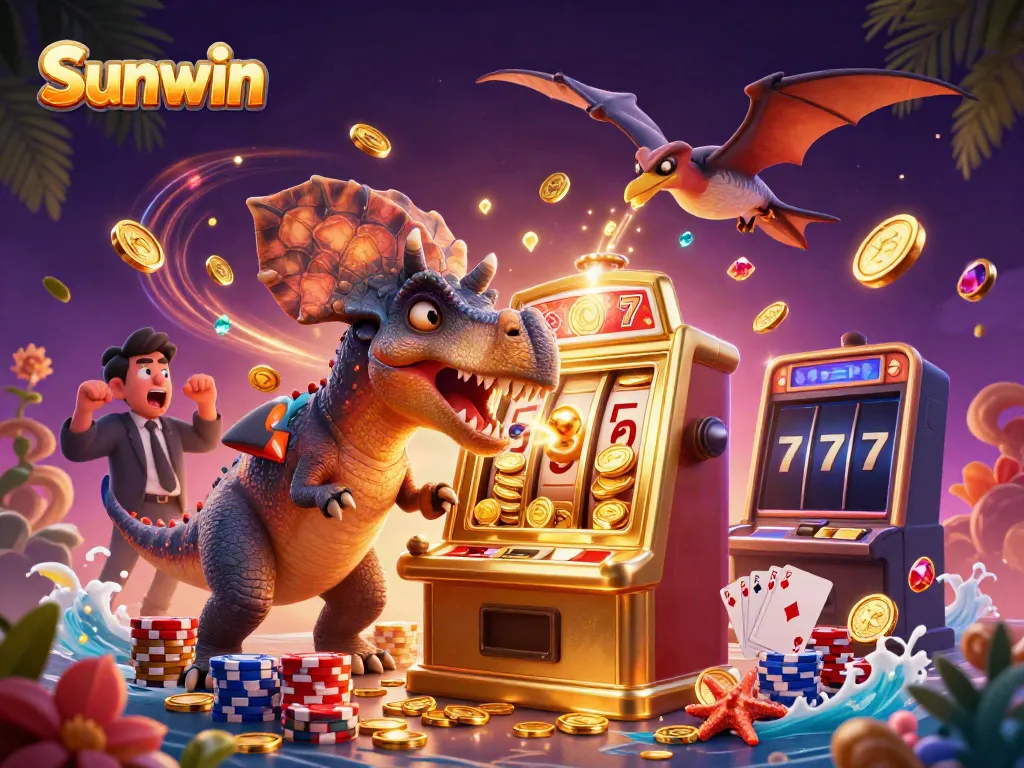 Experience the excitement of Sunwin with cartoon dinosaurs and a jackpot payout scene.