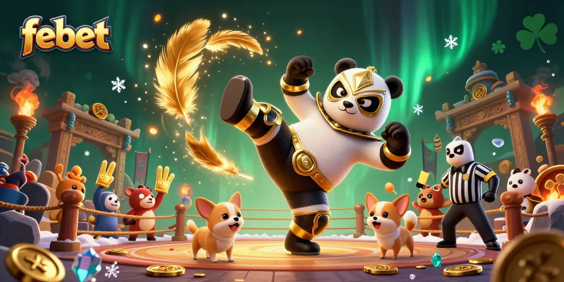 Febet engaging gaming scene with a wrestling panda and cheering animal fans.