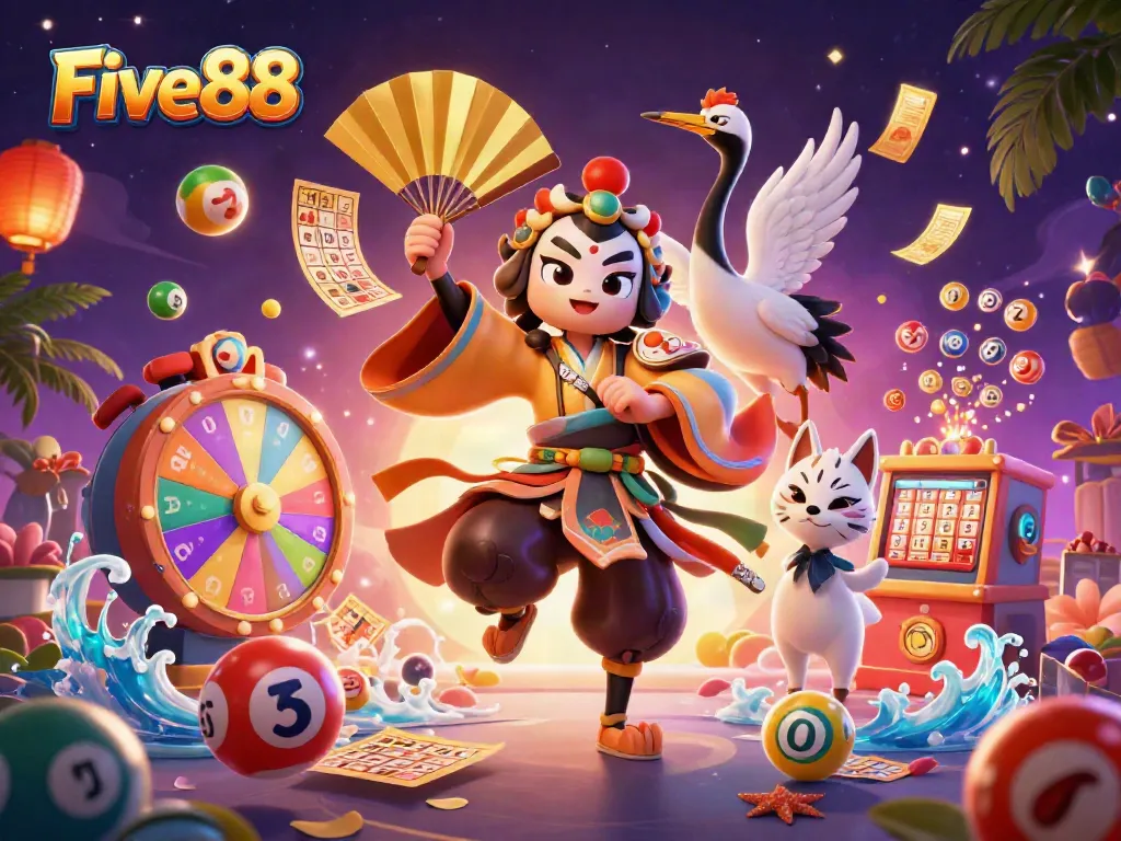 Experience the excitement of gambling with Five88; a vibrant scene featuring a kabuki warrior and casino games.