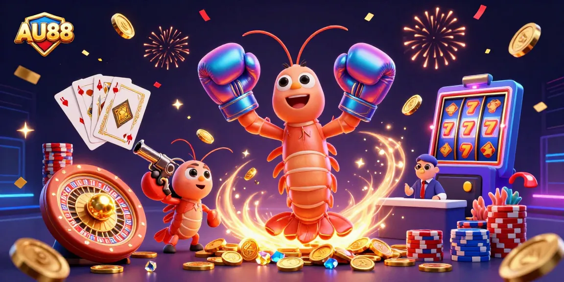 Experience the thrill of AU88 with vibrant casino elements and animated characters in a dynamic celebration.