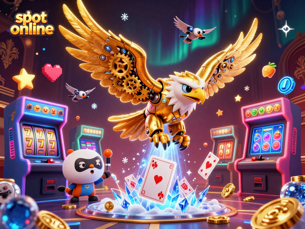 Slot online menyajikan ilustrasi permainan kasino 3D menarik dengan karakter kartun.