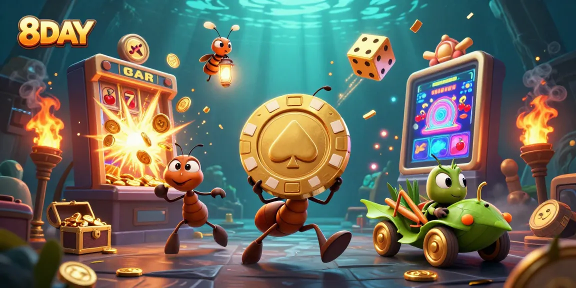 Experience 8DAY's thrilling gaming adventure with animated heist-themed casino scene.