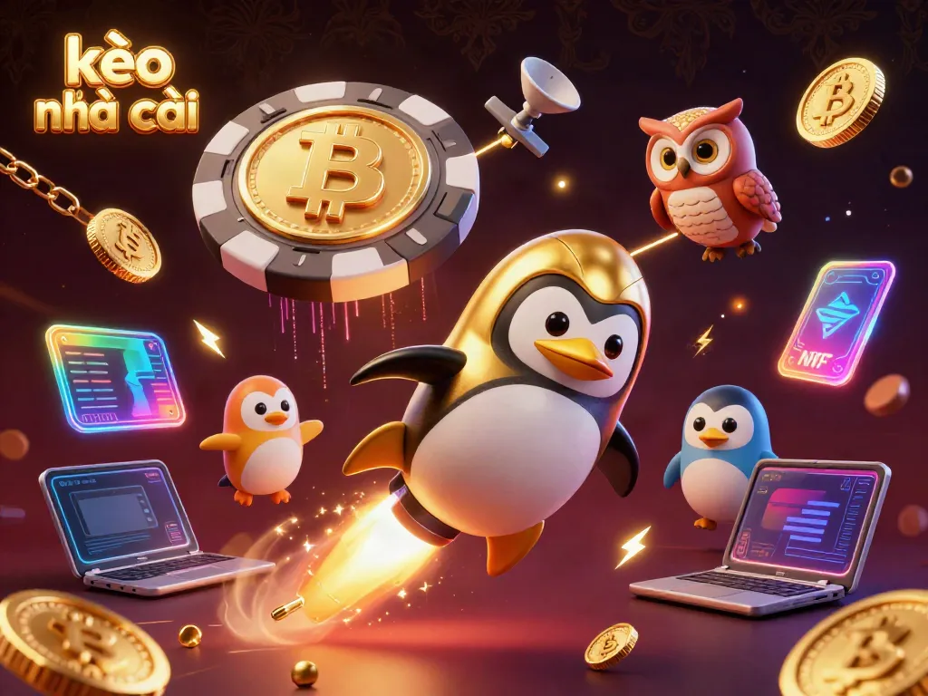 Bettors strategizing with kèo nhà cái as a golden penguin ventures into a space casino.