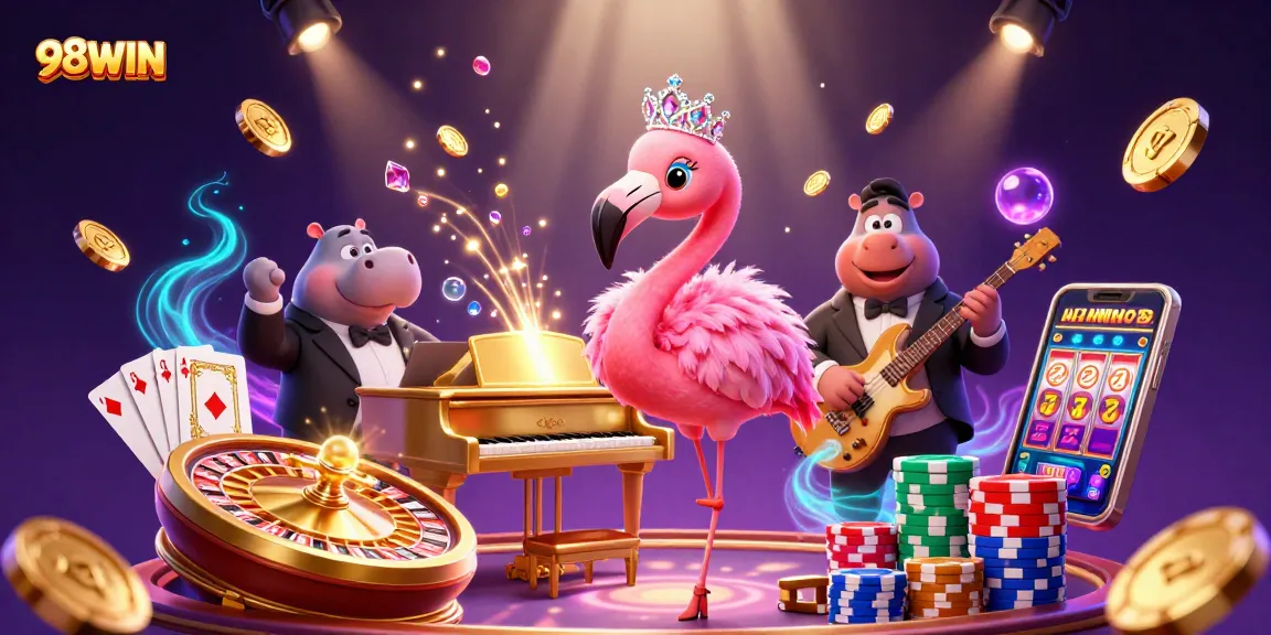 Experience exhilarating gaming at 98WIN with a vibrant casino scene filled with dynamic elements.