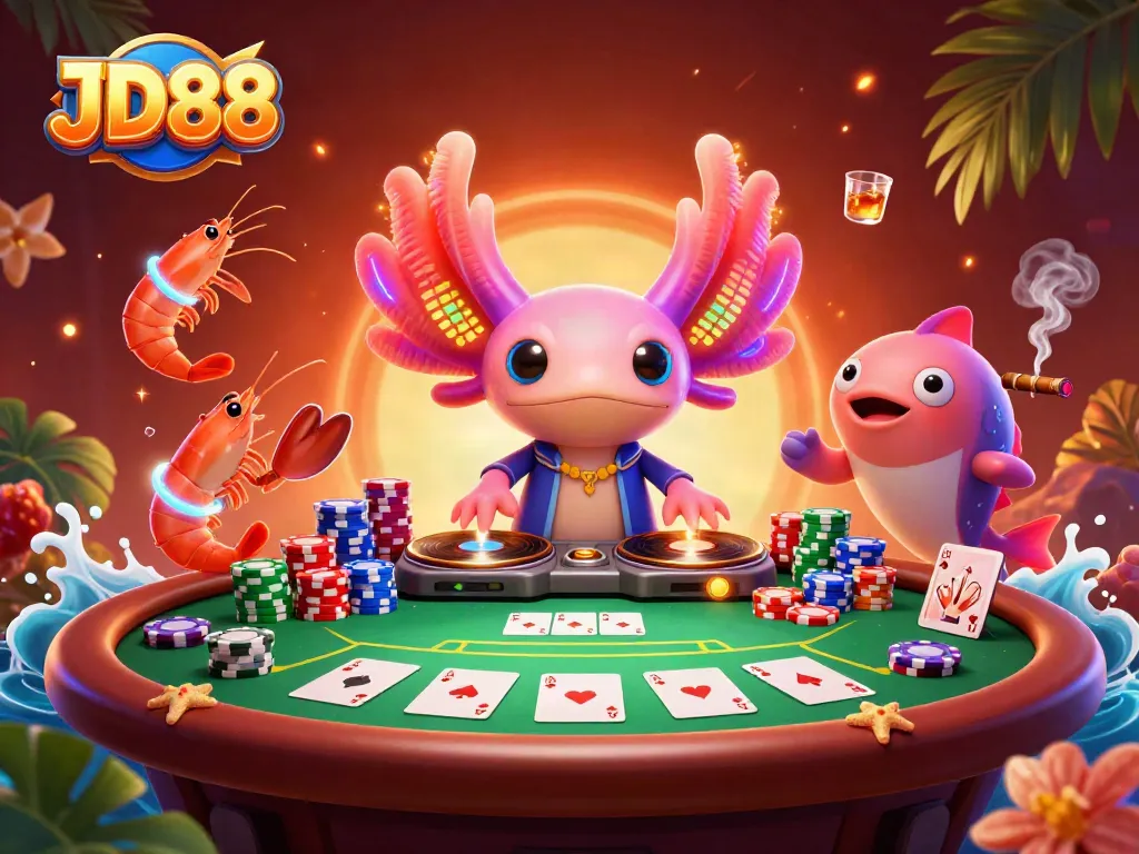 Spin the reels at JD88 casino with vibrant characters and poker game elements in a lively underwater scene.