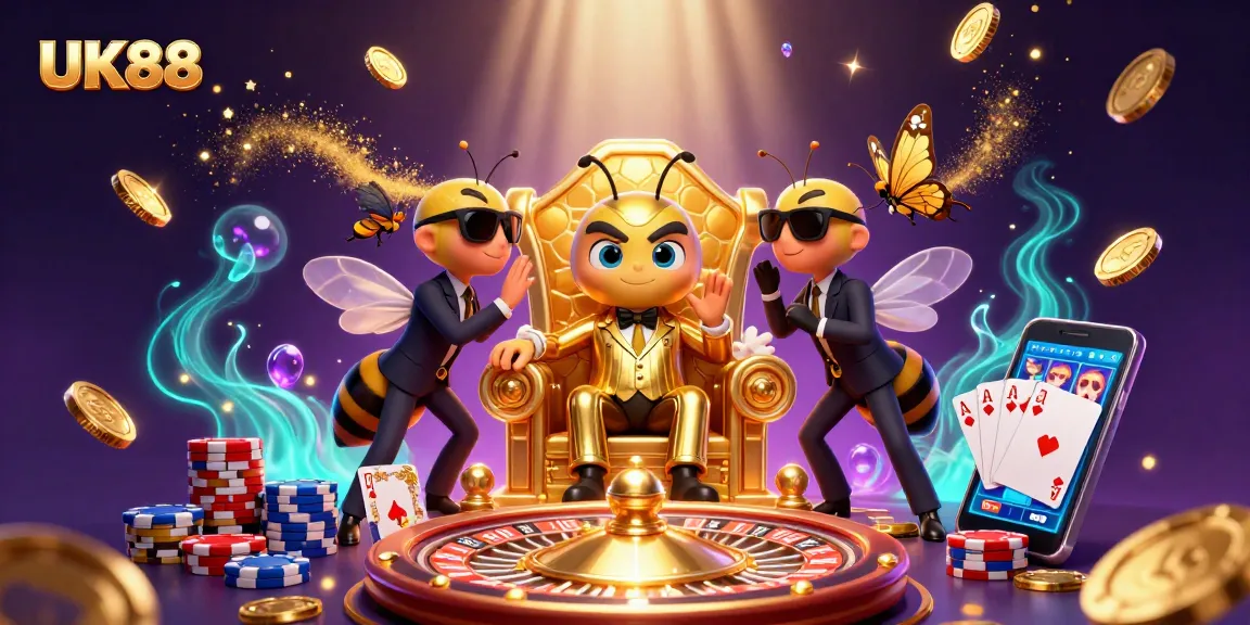 Experience UK88 with vibrant slot elements and dynamic casino action in a detailed illustration.