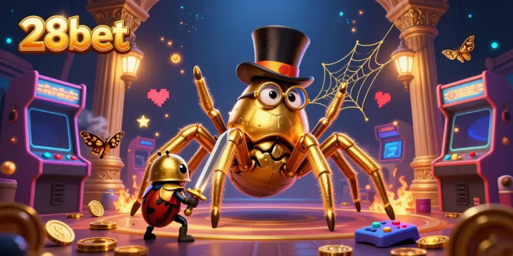 Experience the thrill of 28bet in an immersive 3D illustration featuring a golden tarantula, playful beetle knight, and luminous arcade machines.