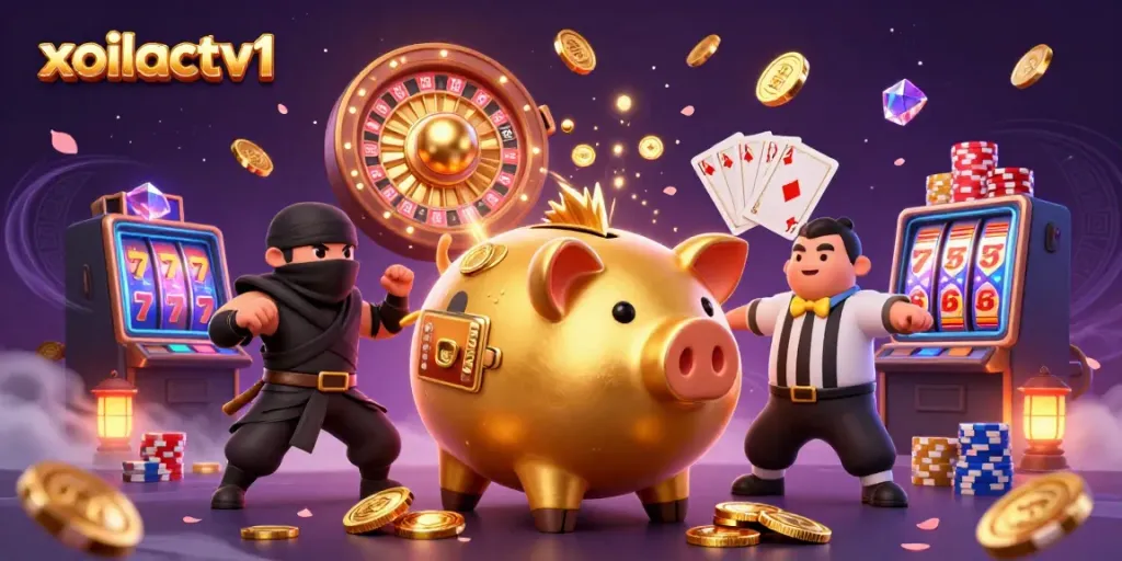 Experience the thrill of xoilactv1 as animated characters interact in a vibrant casino setting.