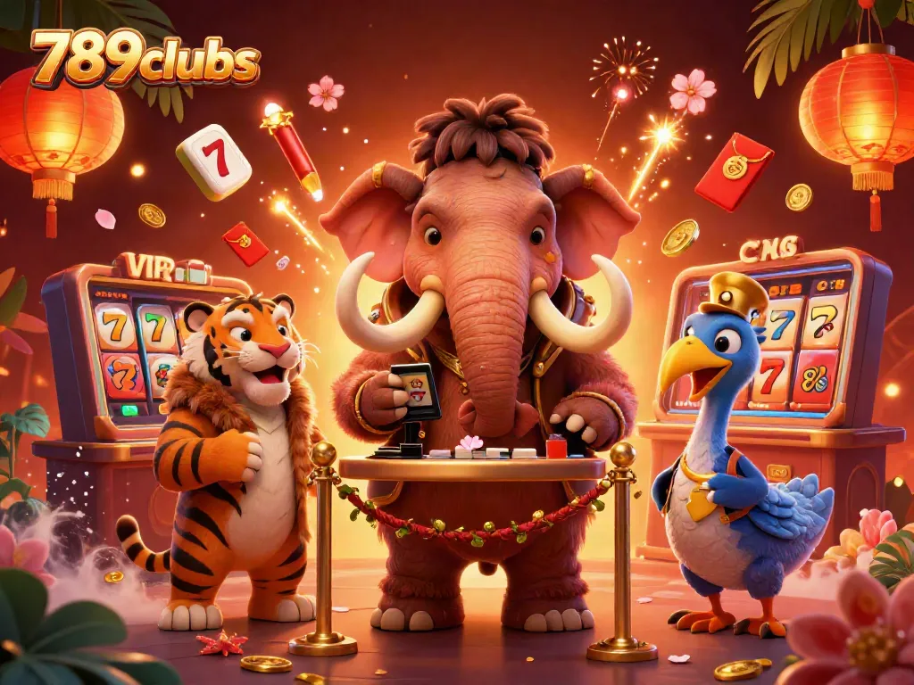 Exciting scene at 789clubs with a cartoon woolly mammoth bouncer, VIP saber-tooth tiger, and dodo doorman, set in a vibrant casino atmosphere.