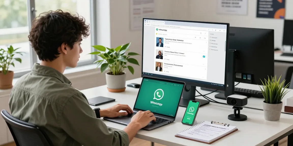 Professional workspace featuring a young user engaging with WhatsApp網頁版 on a desktop, highlighting dynamic communication.
