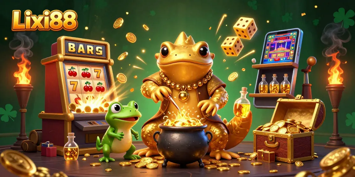 Lixi88 showcases a lively scene with a golden salamander alchemist, slot machines, and vibrant casino elements.