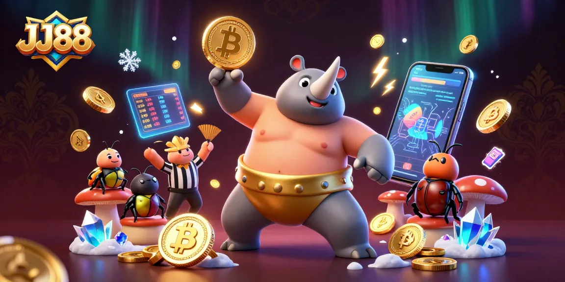 Experience the thrill of JJ88 with our dynamic 3D casino scene featuring a sumo beetle champion.