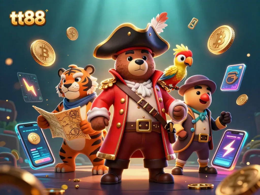 Engage with tt88's vibrant gaming world featuring a dynamic 3D pirate scene with crypto elements.