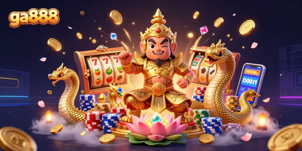Engage with ga888 and spin for winnings with vibrant slot machines in a dynamic casino scene.