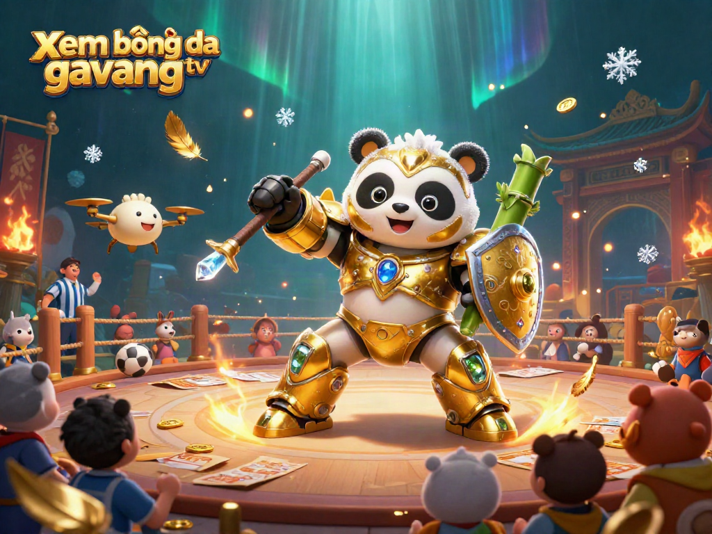 xem bóng đá gavangtv showcases a thrilling 3D scene of a golden panda in mech-suit amidst a lively betting arena.