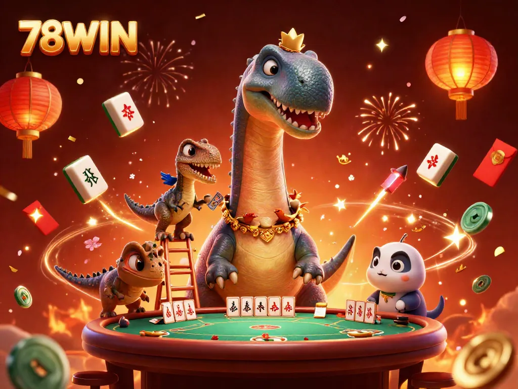 Engage with 78WIN as a colossal brontosaurus observes a vibrant poker game, blending fun and excitement.