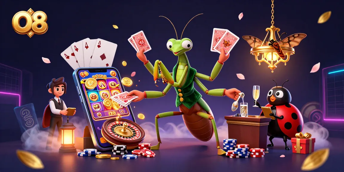 O8 card sharp in a vibrant casino scene dealing cards and pouring champagne amidst gaming elements.