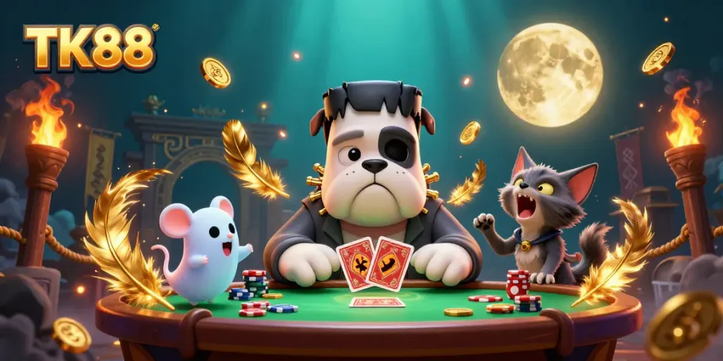 TK88's lively casino scene with a Frankenstein bulldog dealer, ghost mouse, and a werewolf kitten howling.