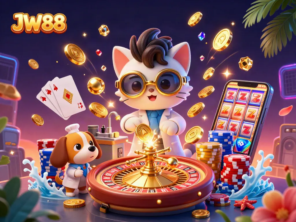 JW88 gaming scene where a mad scientist cat and assistant dog create gold coins among vibrant casino elements.