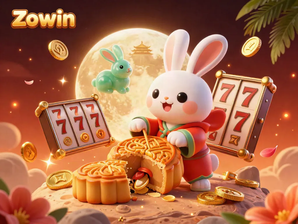 Experience Zowin's thrilling slots action with a vibrant moon rabbit scene packed with casino elements.