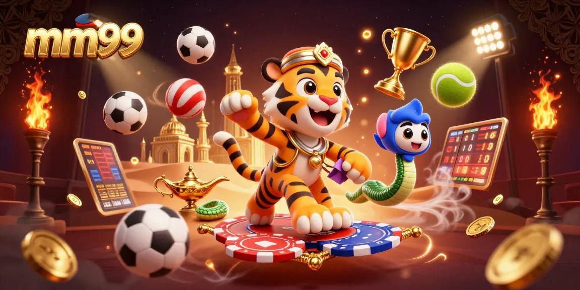 Bet big with mm99's dynamic casino experience featuring Arabian Nights characters surrounded by vibrant sports elements
