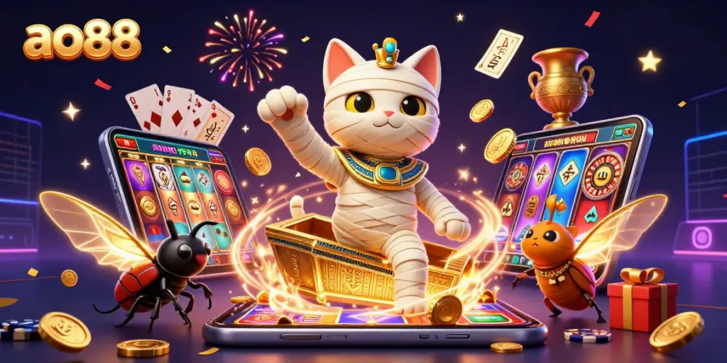 Spin the reels at ao88, featuring an Egyptian mummy cat and glowing scarab in a vibrant casino.