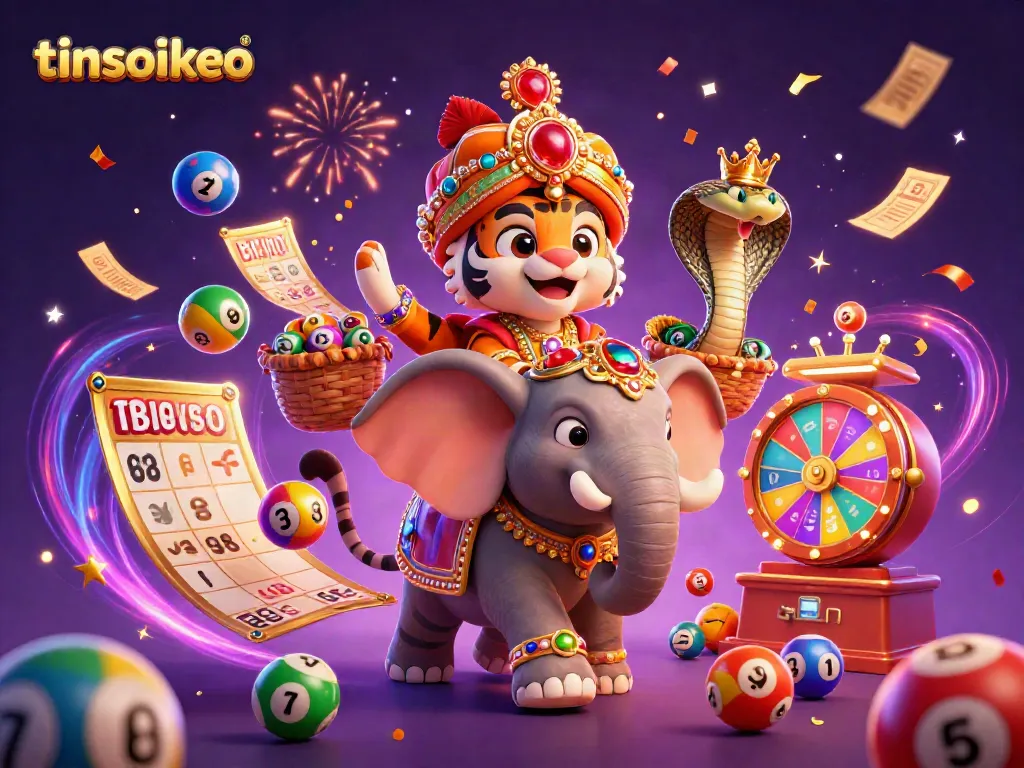 Experience exhilarating wins with tinsoikeo in a vibrant, engaging 3D casino scene featuring a majestic maharaja tiger and exciting game elements.