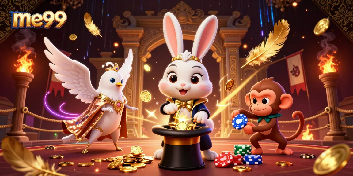 Play big at me99 with a magician rabbit, dove, and monkey in a vibrant casino scene.
