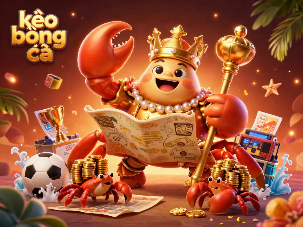 Experience kèo bóng đá excitement with a majestic golden crab emperor orchestrating a vibrant betting scene.
