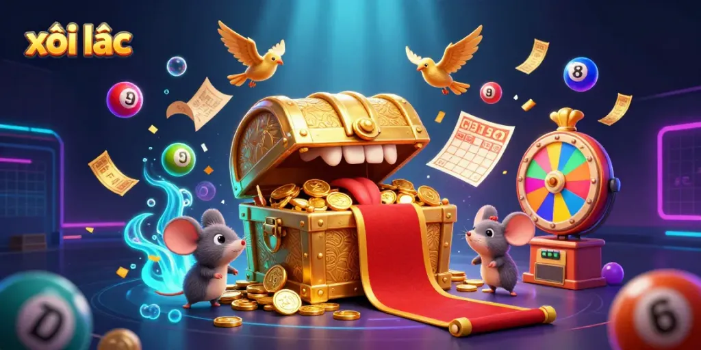 Engage in vibrant xôi lạc gambling, featuring a treasure chest, lottery balls, and cascading cash.