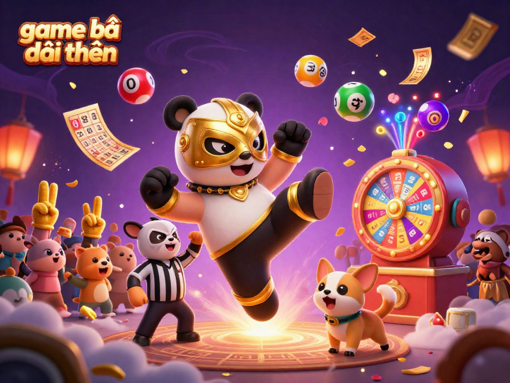 Engage in game bài đổi thưởng with dynamic lottery elements and a vibrant casino scene featuring a panda wrestler.