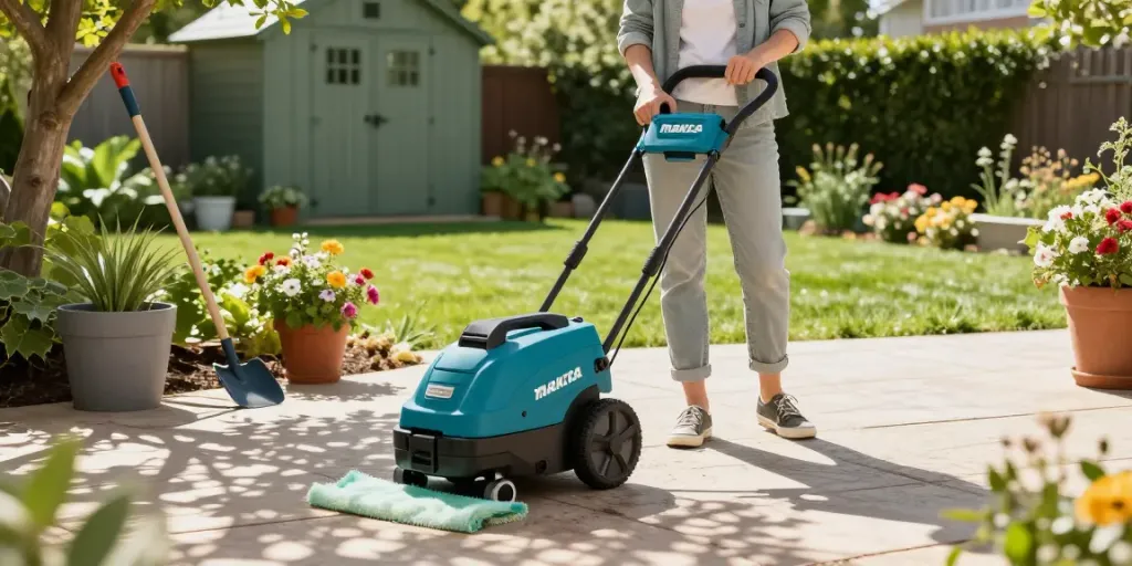 Using a makita patio cleaner to effectively clean outdoor surfaces in a bright garden setting.