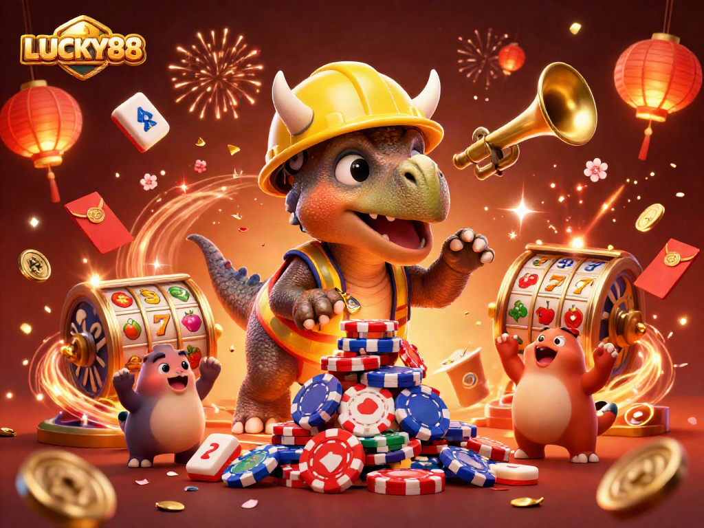 Spin the reels for big wins with LUCKY88 in this vibrant casino celebration scene.