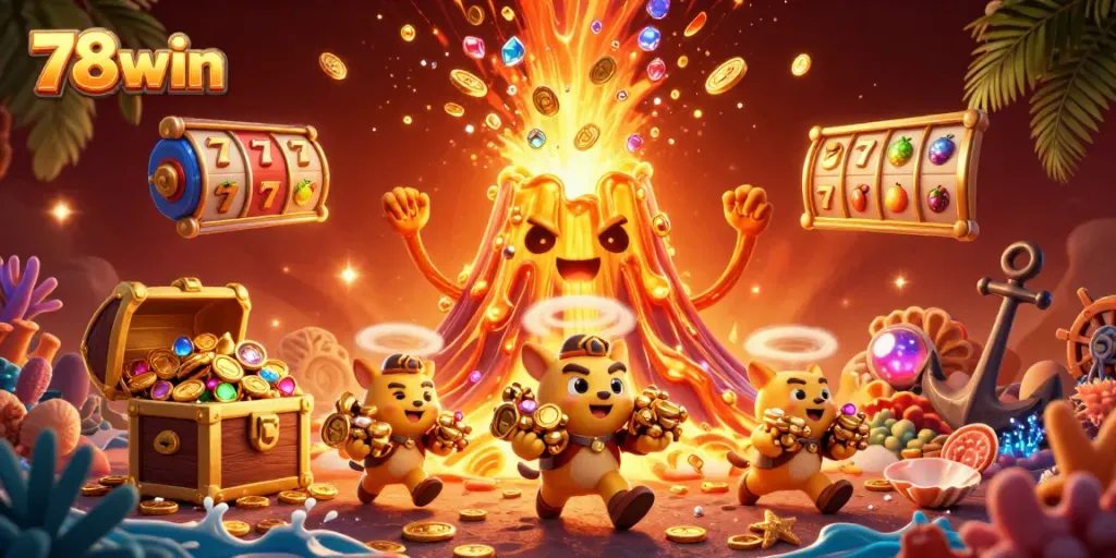 Experience thrilling wins with 78win as golden eruptions and treasures burst from the volcano in this vibrant scene.