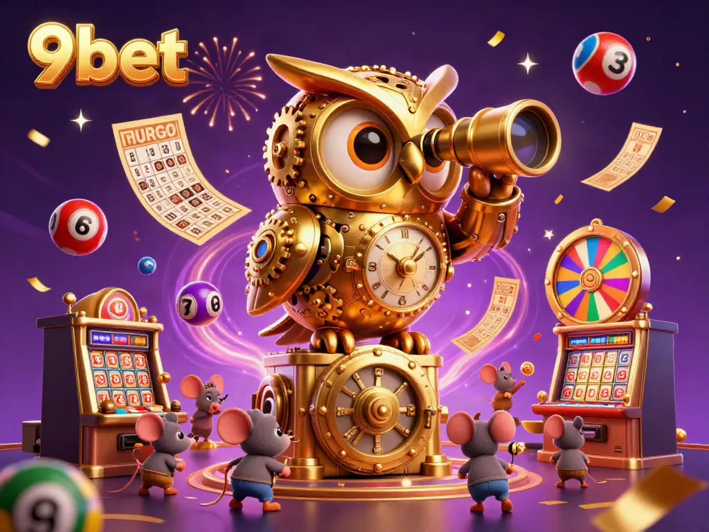 Experience vibrant games at 9bet with an enchanting golden owl overseeing a lively casino floor.
