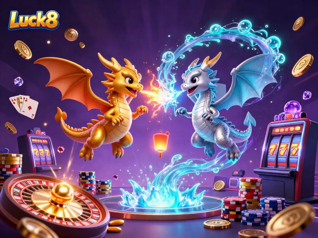Experience thrilling gaming action at Luck8 with golden dragons and vibrant casino elements.