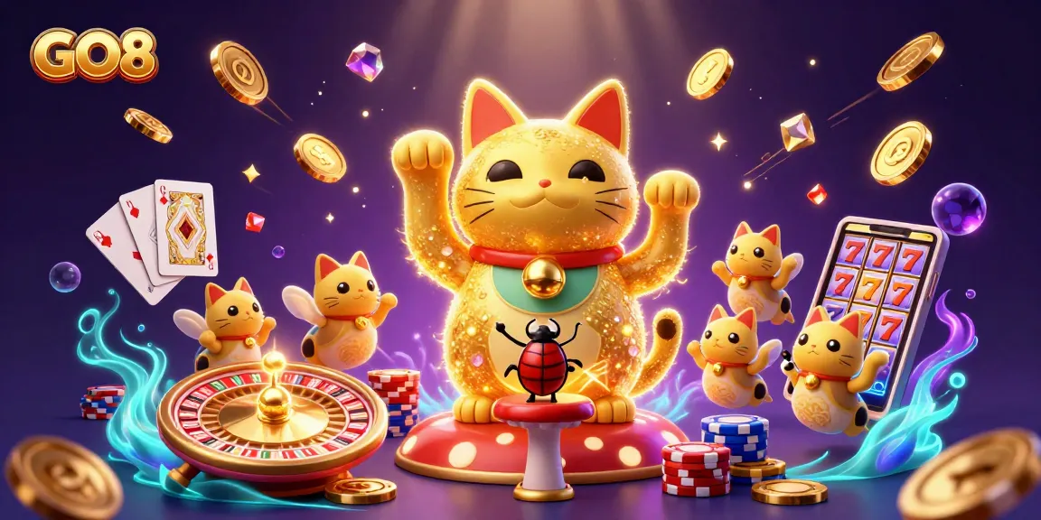 Engage with the vibrant GO8 gaming scene featuring a lucky cat, golden coins, and casino symbols.
