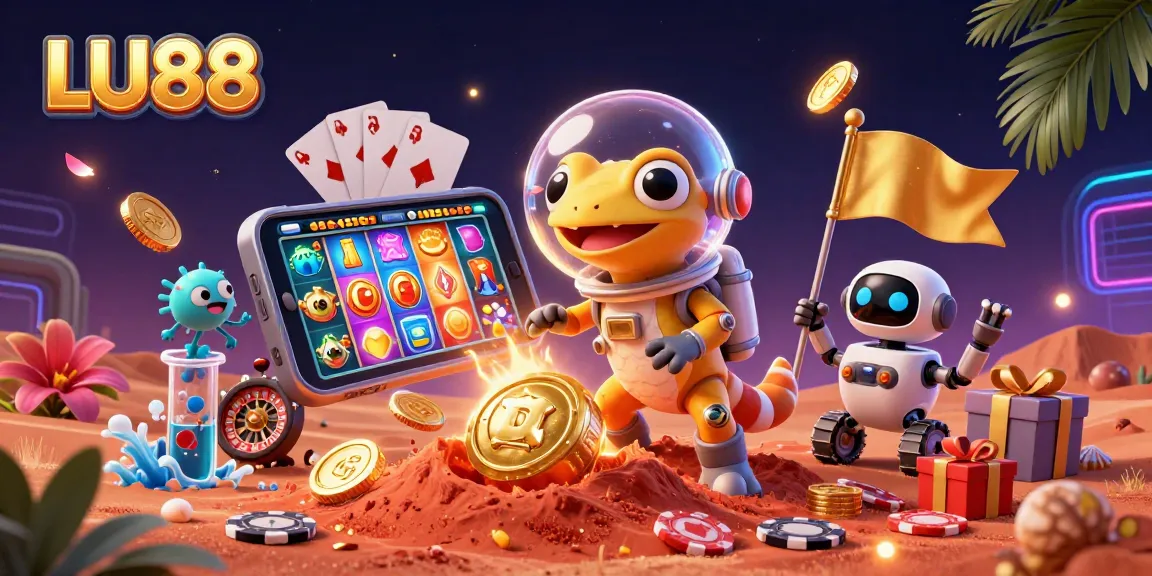 LU88 introduces a digital casino adventure with Martian gecko discovering treasures among spins and wins.