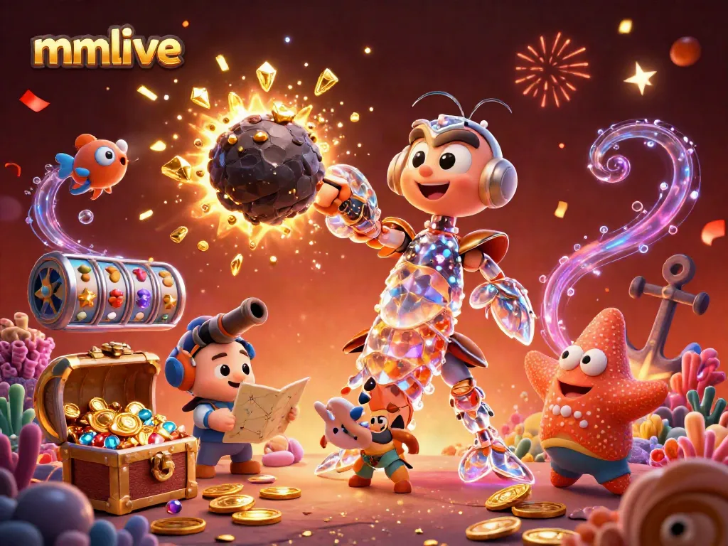 Experience the excitement of mmlive with a vibrant scene of a galactic shrimp and treasure assets exploding in riches.