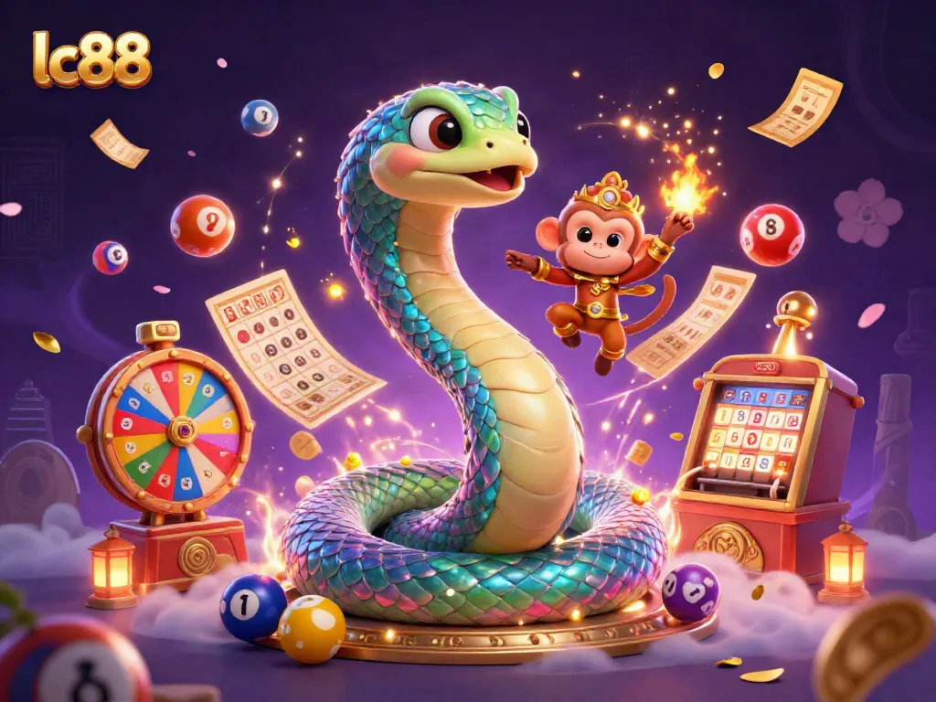 Engage in exciting gameplay at lc88, featuring a rainbow serpent and a monkey king in a vibrant casino setting.