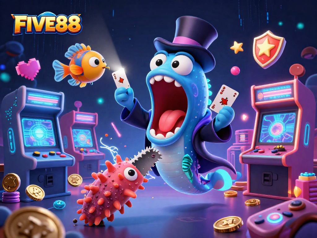 Experience exciting gameplay at FIVE88 with vibrant characters and striking visuals in a magical casino tableau.