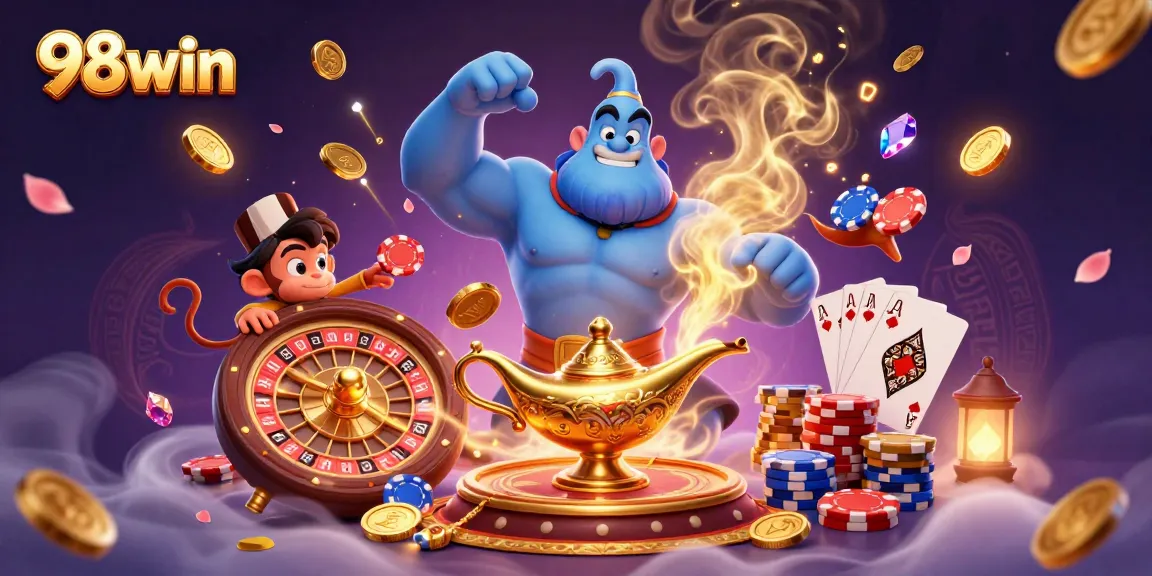 Join the action at 98win with a dazzling casino adventure featuring a genie and poker chips.