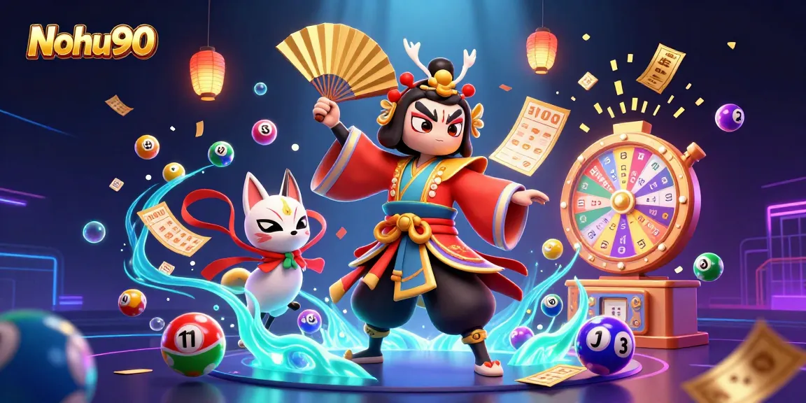 Nohu90 features a lively 3D casino scene with kabuki warrior, lucky lottery elements, and vibrant colors.