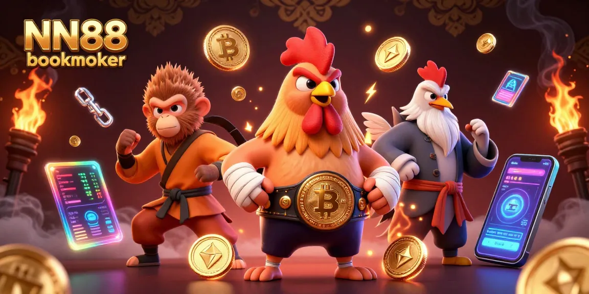 Experience thrilling actions with the NN88 bookmaker in a dynamic cartoon illustration featuring vibrant characters and crypto elements.