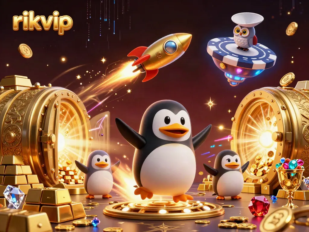 Experience the thrills of rikvip with a rocket-powered penguin racing toward a casino!