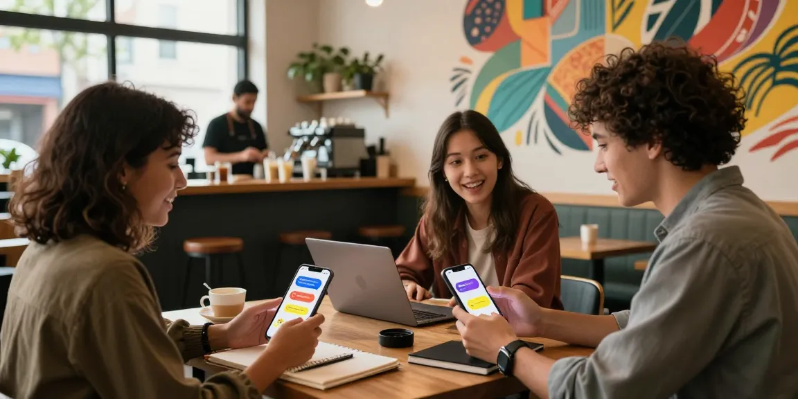Engaged friends using spicychat AI app in a modern coffee shop.