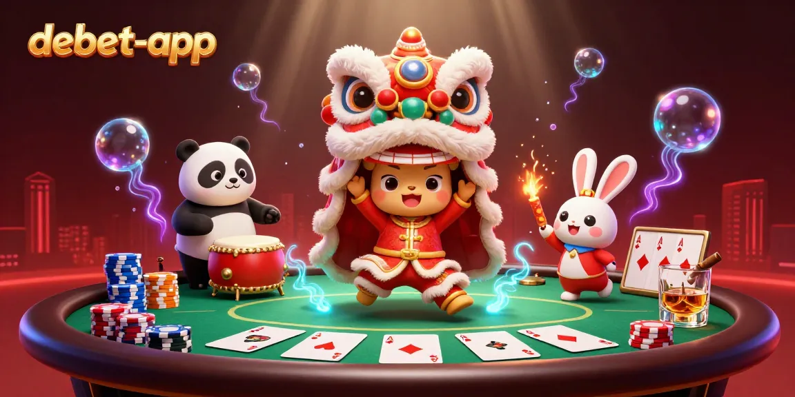 Experience festive fun with debet-app as characters celebrate with poker elements and a vibrant lion dance.