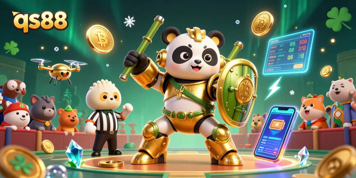 Experience the excitement of qs88 gaming with a colorful 3D casino battle scene featuring a mech-suit panda.