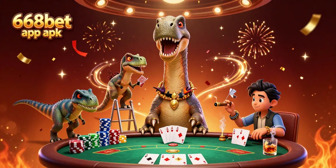 Engage with the 668bet app apk featuring a vibrant casino scene with dynamic characters and poker elements.